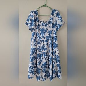 Shein Curve Square Neck Puff Sleeve Blue Floral Print Dress 2X